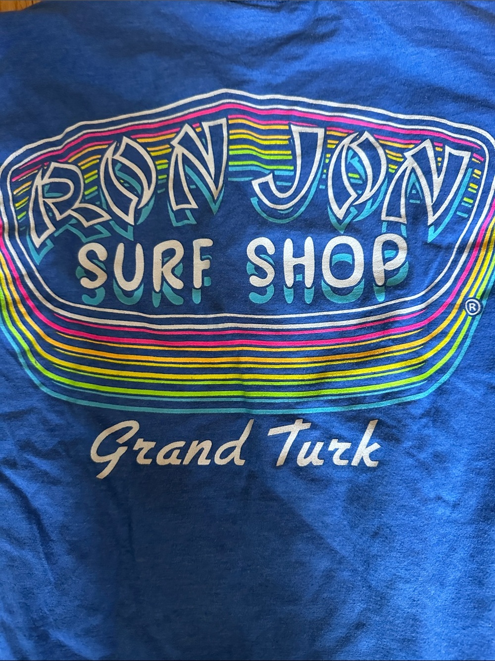 Ron Jon Kids Blue Graphic Tee with Multicolor Striped Logo